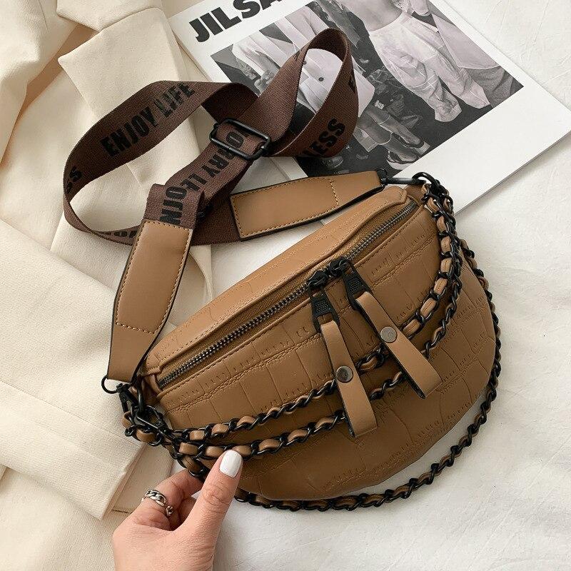  Thick Chain Women's Fanny Pack Plaid leather Waist Bag  Shoulder Crossbody Chest Bags Luxury Designer Handbags Female Belt Bag  (Black)