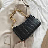 PU-lederen okseltas voor dames - handtas met effen kleurketting in steenpatroon