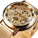 Luxe horloge met gouden kast voor heren - Horloge met leren of mesh bandje Transparant mechanisch skelet