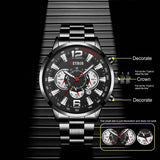 Stainless Steel Sports Watch for Men - Quartz Wristwatch Calendar Luminous Clock Leather