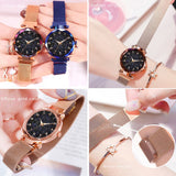 Magnetisch sterrenhemelhorloge voor dames - modieuze metalen gaasbandriemkwarts