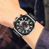 Stainless Steel Sports Watch for Men - Quartz Wristwatch Calendar Luminous Clock Leather