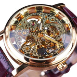 Luxe horloge met gouden kast voor heren - Horloge met leren of mesh bandje Transparant mechanisch skelet