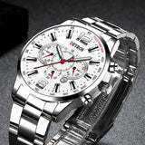 Stainless Steel Sports Watch for Men - Quartz Wristwatch Calendar Luminous Clock Steel