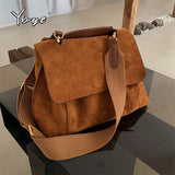 Schoudertas met klep en brede riem - Nubuck PU-leer Vintage handtas met grote capaciteit