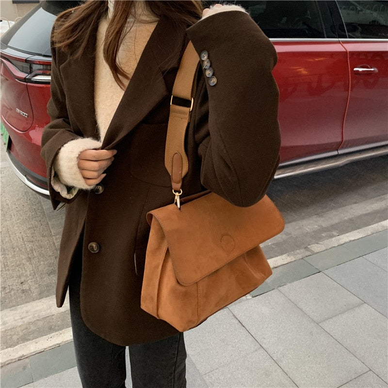 Brown Leather Wide Strap Crossbody Bags Flap Handbags