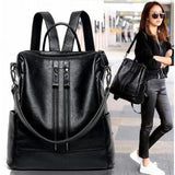 Leather Shoulder Bag - Casual Multifunctional College School Backpack Large Capacity Black