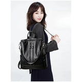 Leather Shoulder Bag - Casual Multifunctional College School Backpack Large Capacity Black