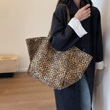 Leopard Pattern Tote Bag for Women - Vintage Canvas Large Capacity Shoulder Handbag