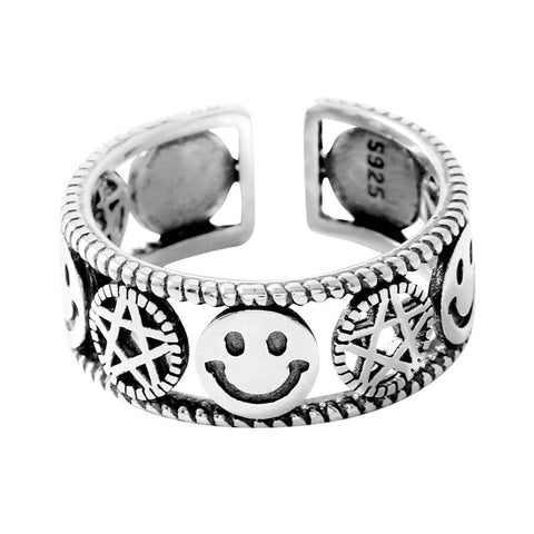 Vintage Silver Smiley Star Ring - Simple Charm Cute Design Jewelry Animal Rings Iron Alloy
