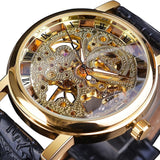 Montre de Luxe Boitier Doré pour Homme - Montre Bracelet Cuir ou Maille Squelette Mécanique Transparent