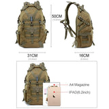 40L Camping Military Backpack for Men - Tactical Army Travel Bag Climbing Hiking Outdoor Rucksack