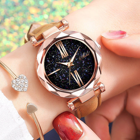 Minimalistische Sternenhimmel-Uhr für Damen – modisches lässiges Lederband mit Gürtel Quarz