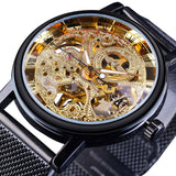 Montre de Luxe Boitier Doré pour Homme - Montre Bracelet Cuir ou Maille Squelette Mécanique Transparent