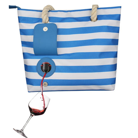 Striped Tote Beach Bag with Insulated Wine Compartment and Side Pockets