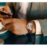 Golden Case Luxusuhr für Herren - Uhr mit Leder- oder Mesh-Armband, transparentes mechanisches Skelett