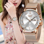 Ultradünne Luxusuhr für Damen – Quarz-Kalenderuhr, wasserdichte Armbanduhr aus Edelstahl