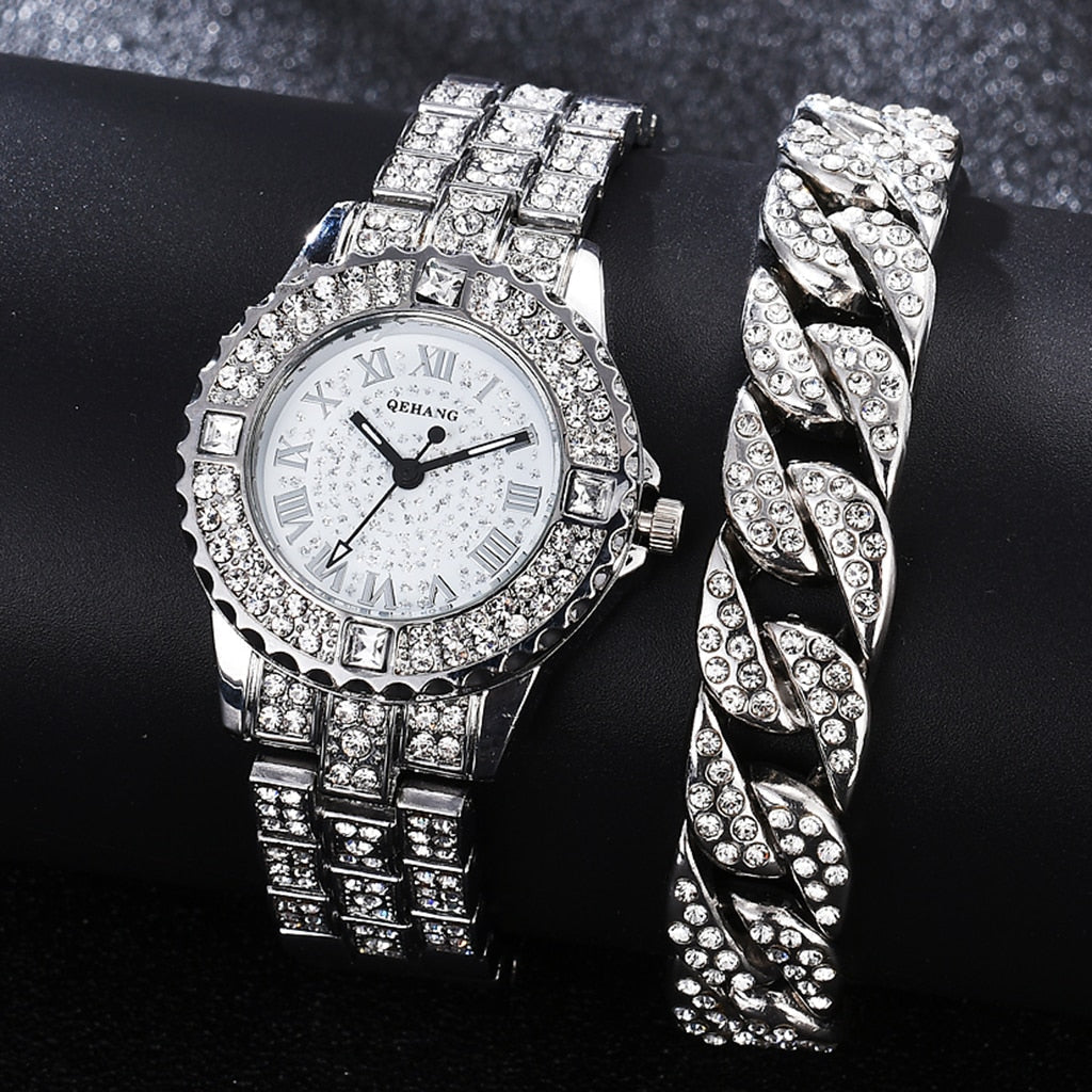 Diamond Watch with Bracelet for Women Luxury Rhinestone Quartz Wrist