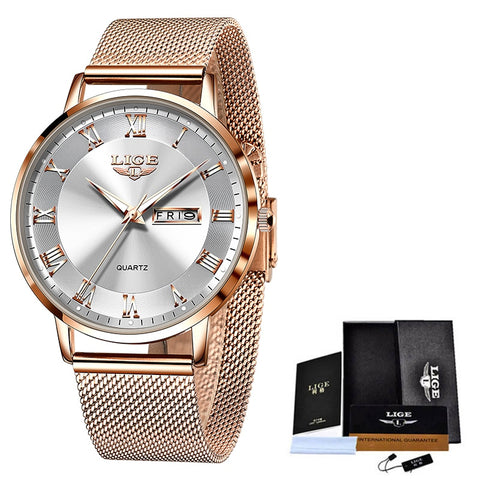 Ultradun luxe horloge voor dames - quartz kalenderklok roestvrij staal waterdicht horloge