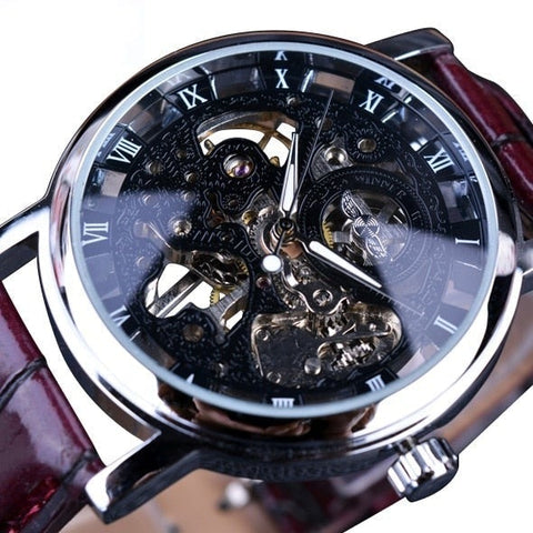 Golden Case Luxusuhr für Herren - Uhr mit Leder- oder Mesh-Armband, transparentes mechanisches Skelett