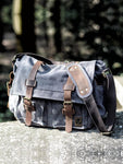 Sac messager en toile et cuir pour homme - Big Satchel Shoulder Briefcase Travel Handbag