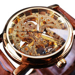 Luxe horloge met gouden kast voor heren - Horloge met leren of mesh bandje Transparant mechanisch skelet