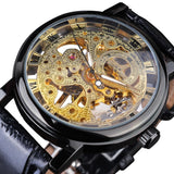 Montre de Luxe Boitier Doré pour Homme - Montre Bracelet Cuir ou Maille Squelette Mécanique Transparent